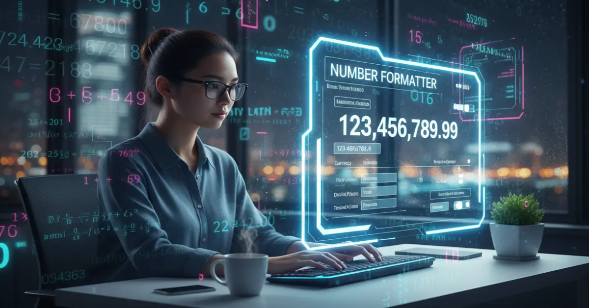 Number Formatter tool interface showing how to format numbers with commas, decimals, or currency symbols