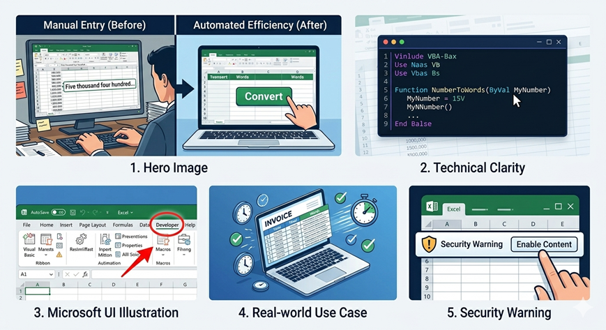 Use specific keywords: "Automating Excel invoices with VBA macros," or "Excel number to words conversion formula visualization."