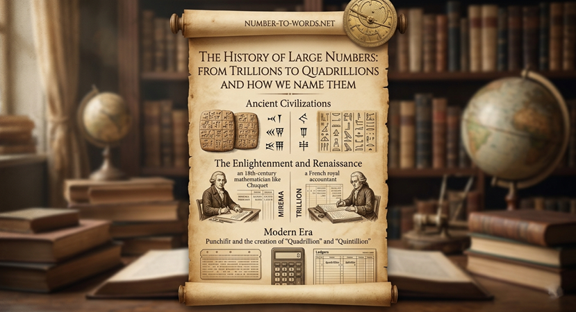An infographic scroll titled "The History of Large Numbers" showing the evolution of naming systems from ancient symbols and 18th-century mathematicians to modern terms like Trillion and Quadrillion.