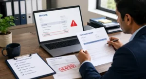 Procurement officer reviewing invoice and purchase order documents with errors highlighted on a desk