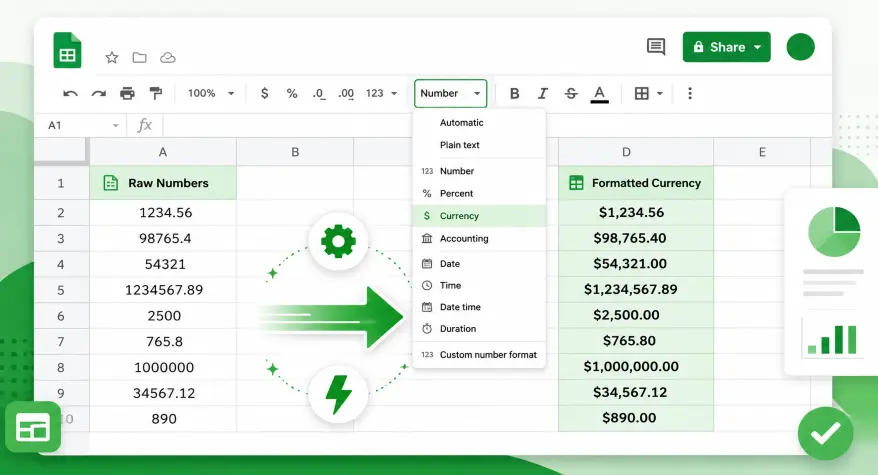 Google Sheets spreadsheet showing automatic number formatting with currency symbols, percentages, and large values using custom format rules