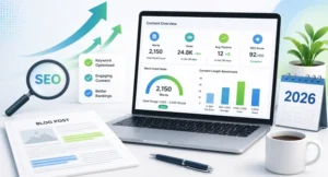 SEO blog thumbnail showing a laptop with word count analytics, content structure icons, and a 2026 theme for an article about ideal blog post length for SEO.