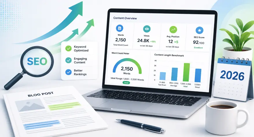 SEO blog thumbnail showing a laptop with word count analytics, content structure icons, and a 2026 theme for an article about ideal blog post length for SEO.