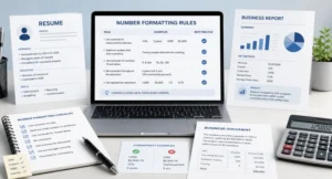 Professional thumbnail showing a resume, report, and business document with number formatting symbols, representing number formatting rules for professional writing.