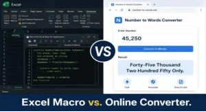 Excel macro VBA code editor versus online number-to-words converter interface showing invoice amount conversion