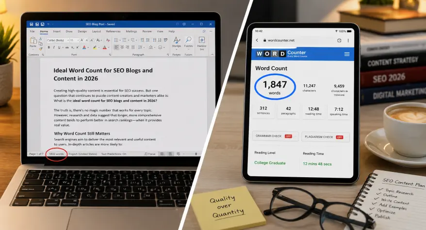 Laptop showing Microsoft Word with 1,832 words and smartphone showing online counter with 1,847 words side by side on a desk.