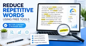 A laptop screen showing repeated words highlighted with writing and SEO editing tools on a clean desk