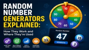 Illustration of a random number generator showing numbers 1 to 100 on a digital screen with a spinning wheel