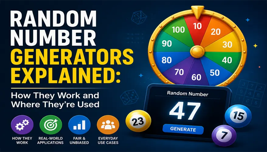 Illustration of a random number generator showing numbers 1 to 100 on a digital screen with a spinning wheel