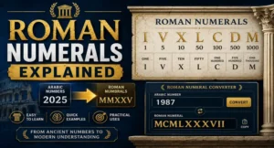 Roman numerals conversion thumbnail with a Roman numeral chart, calculator, and Arabic-to-Roman conversion arrows in a clean educational design.