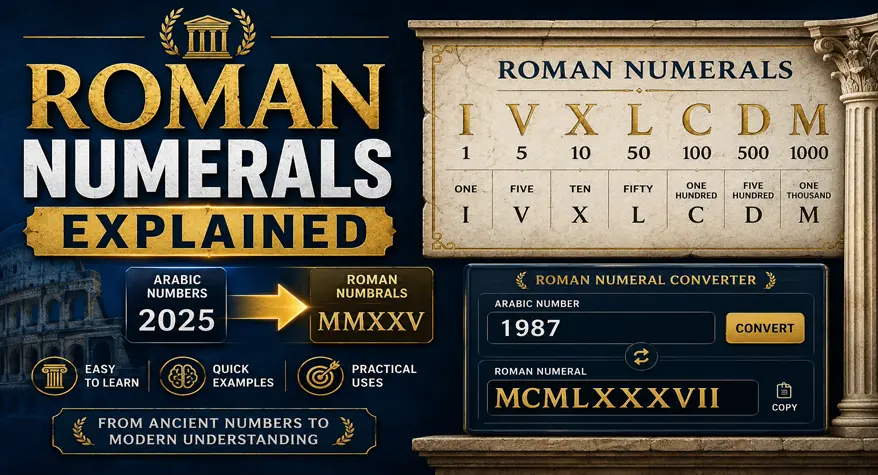 Roman numerals conversion thumbnail with a Roman numeral chart, calculator, and Arabic-to-Roman conversion arrows in a clean educational design.