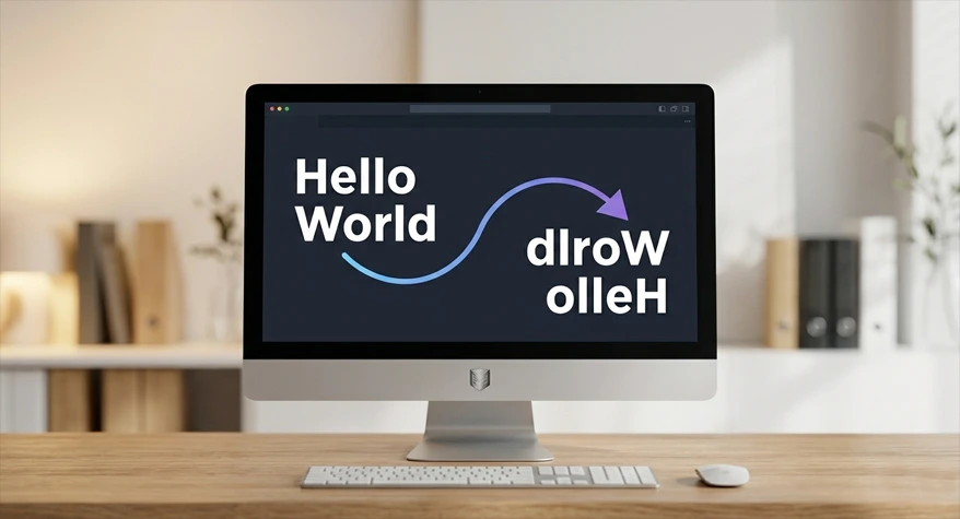 Text reverser tool showing transformation of "Hello World" into reversed "dlroW olleH" on a computer screen