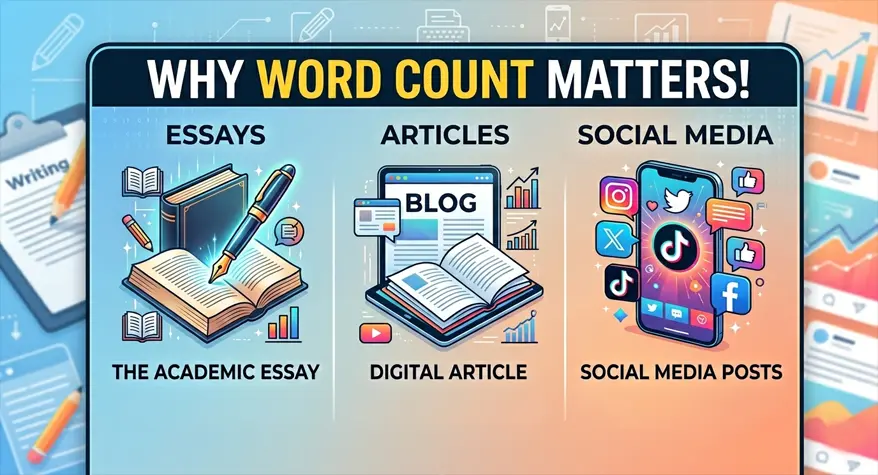 Illustration representing word count and content writing for essays, blogs, and social media