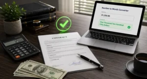Professional flat-lay of a legal contract, pen, calculator, and laptop showing a number-to-words currency converter with a green verification checkmark.