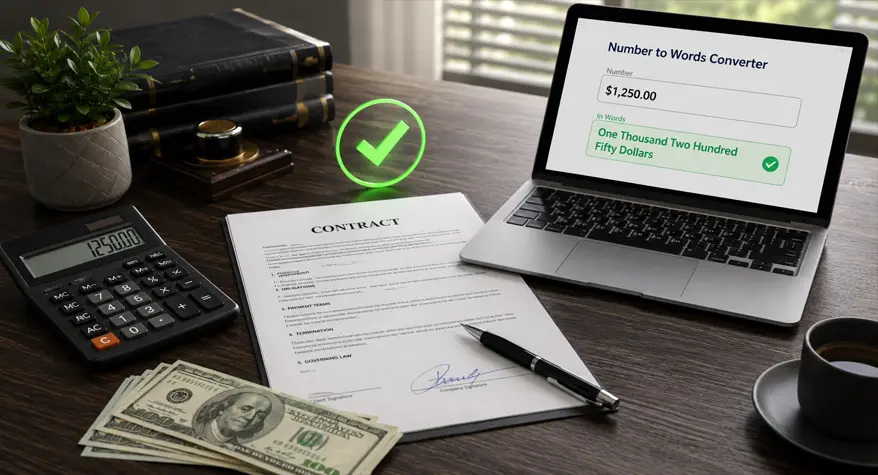 Professional flat-lay of a legal contract, pen, calculator, and laptop showing a number-to-words currency converter with a green verification checkmark.